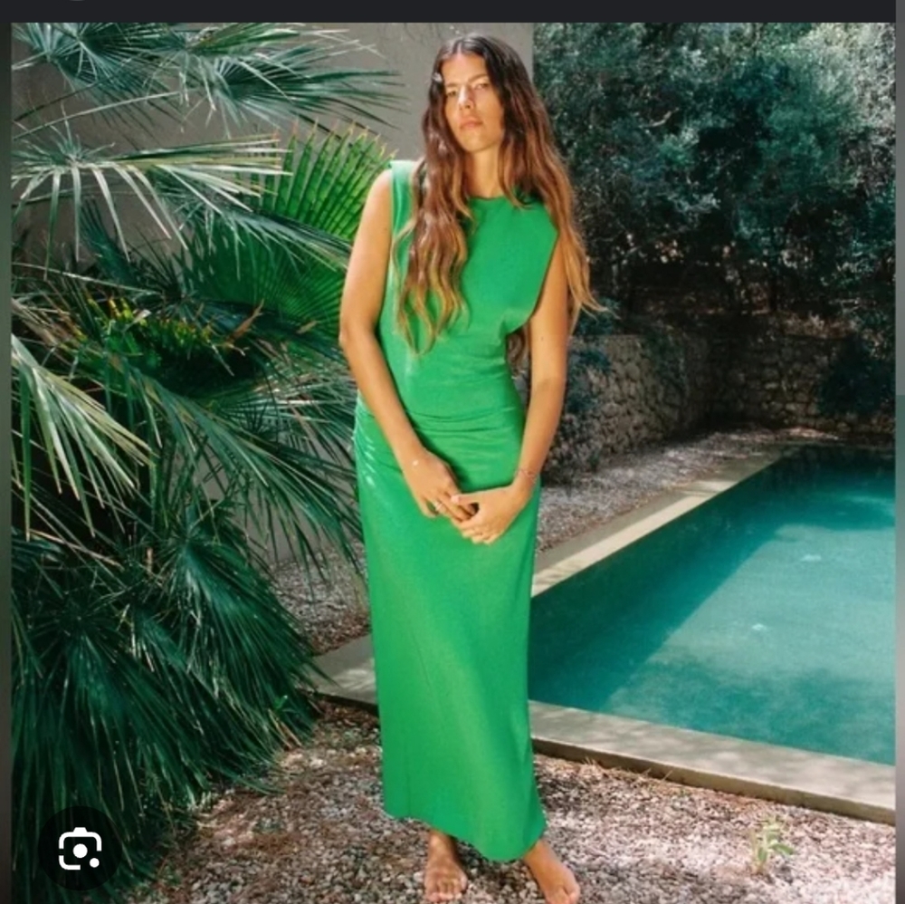 Zara green padded shoulder maxi dress